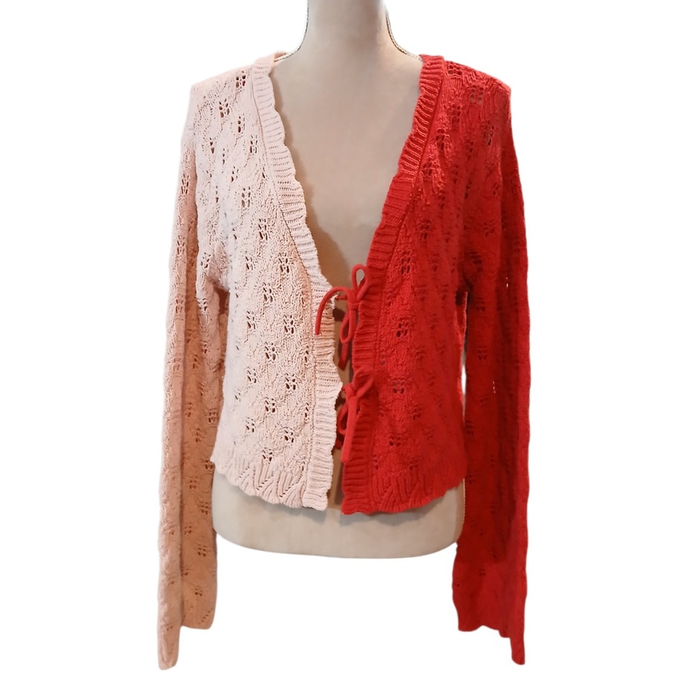 Sincerely Jules Red Pink Split Tie Front Pointelle Knit Cardigan XL ColorBlock